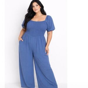 Plus Size Blue Smocked Waist Jumpsuit with Puff Sleeves